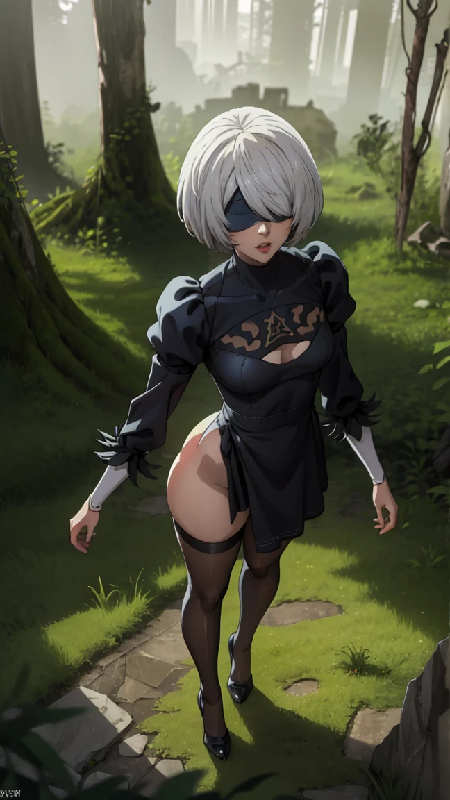 portrait of a girl, лицо близко to the camera, face close up, (((лежит on the back, the viewer looks at her from above))), POV view from above, view above it, embarrassed, (((Shows off the chest))), on the back, (very detailed eyes, pupils, Lips 1.1), blindfold, gloomy composition, gloomy background, the forest, ruins covered with moss, Tall trees, nature, the lights of a sun, very detailed. very detailed eyes, grey-blue eyes, beautiful figure, Ruin, ruined city, very detailed eyes, beautiful figure, Lucy from the anime series 1 girl, facing the viewer, beautiful figure (Correct anatomy 1.1.), full length (Full body 1.1), slim, A slim body, A slim body, slender legs, anime style, White hair, White hair, that disappear at the ends, Bob hairstyle, Cutouts on the shoulders, Cutouts on the chest, Neckline at the waist, black stockings, Black short skirt, white panties, very detailed face, Very beautiful face, very sexy, full length (Full body 1.1), маленькая elastic грудь, small ass, Красивая A slim body, Small buttocks, world, Femininity,chedevr,Best quality,very detailed,Visible to your feet, permission 8k, High sharpness, permission 8k, very detailed, 8k contract, professional lighting, photon mapping,physical rendering, perfect face, Detailed face and body, Ray tracing, expressive look, Cinmatic worlding,elastic , Increased sexuality,