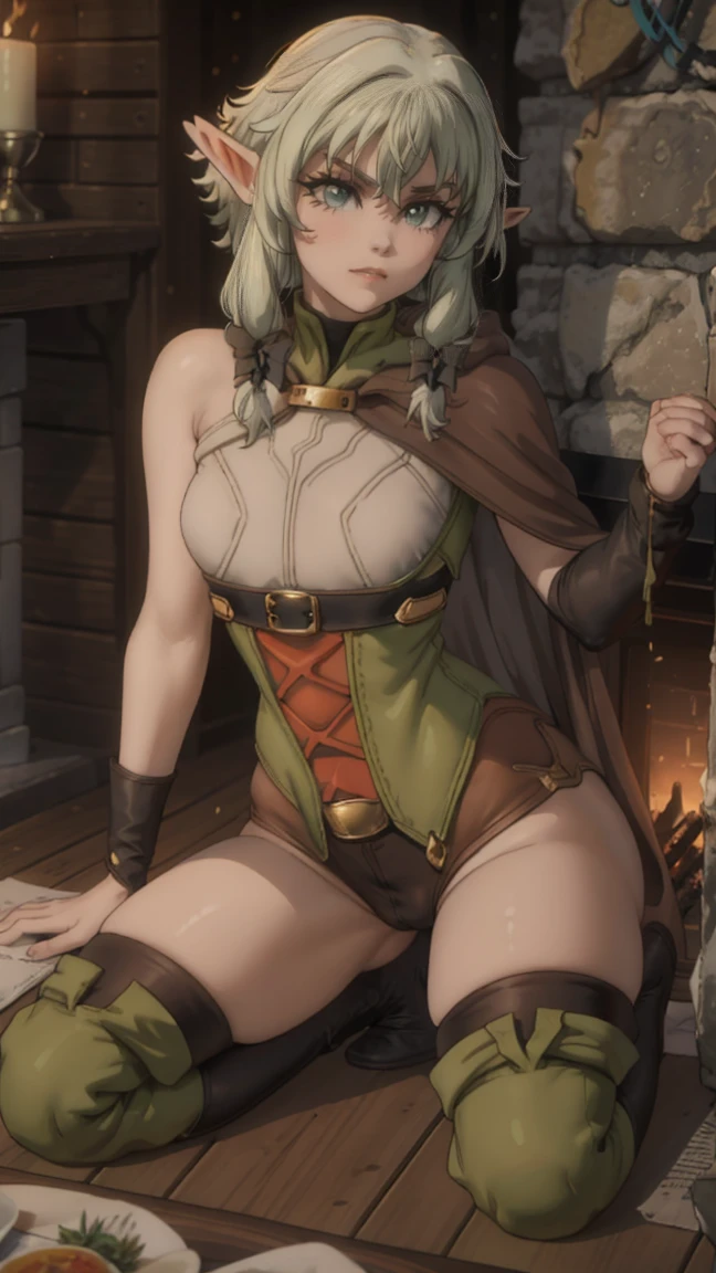 1 girl,20 years, portrait of a girl, emphasis on the face, One,happy face, nature, POV above her, looks at her, night, kneeling, sticks out tongue, eyes look at nose, the forest, Beautiful elastic breasts, archery, holding a bow and arrow in his hands, green cloak and hood, elf archer from Goblin Slayer, White hair, sexy figure, very beautiful, Erotica, long hair,yellow eyes,Elf Ears, black small horns,white tights,Detailed long boots,golden tiara,Luxurious gold jewelry,(((lying by the fire))) nature, open field, night,