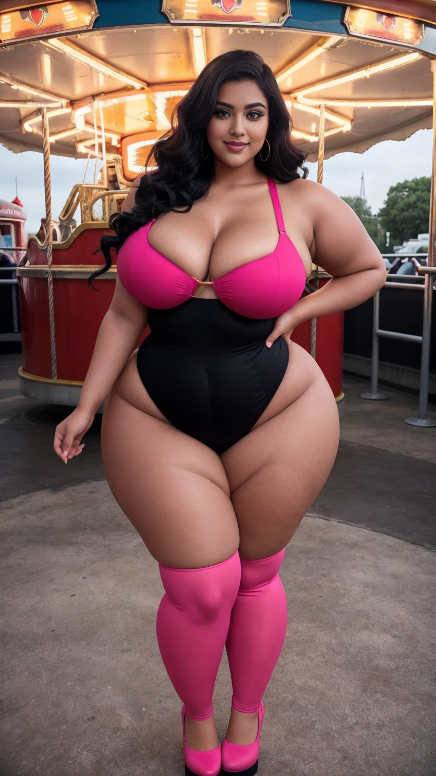 swastika mukharjee Indian beautiful woman curvy plus size hour glass bulky huge figure woman, closeup camera view, big huge m-cup breast, wearing SHEIN Young Girl Heart Pattern Urban Fashionable & Cool Jumpsuit Color: Red , covered Bust , elegant standing position, eye contact view, different style hairstyle, bright eyes, thin eyebrows, fair skin, blushing cheeks, prefect head to toe view, full body, ideal for high-fashion or editorial shoots, ultra realistic skin texture, head to toe view, full body shot, full body view, smile face, black hair, Indian face, perfect skin tone light, ultra realistic skin texture, bigger waist, busty, big hips, fleshy thighs, thick thighs, busty, full body view, Vintage Carousel: Whimsical, nostalgic amusement park ride.