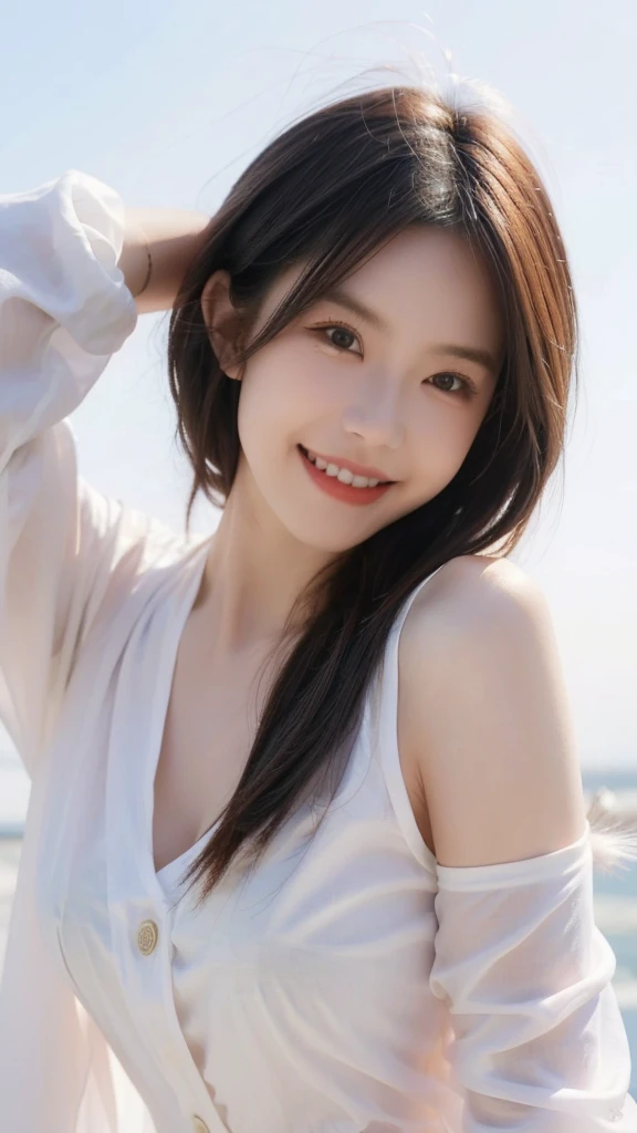 图片style为「Portrait photography」，Atmospheric，Beauty，Half-length close-up，White background，Smile，Grinning， style，Proportion 「2:3」，No wind，Wind speed is 0，Hair sags naturally，Hair does not flutter，front