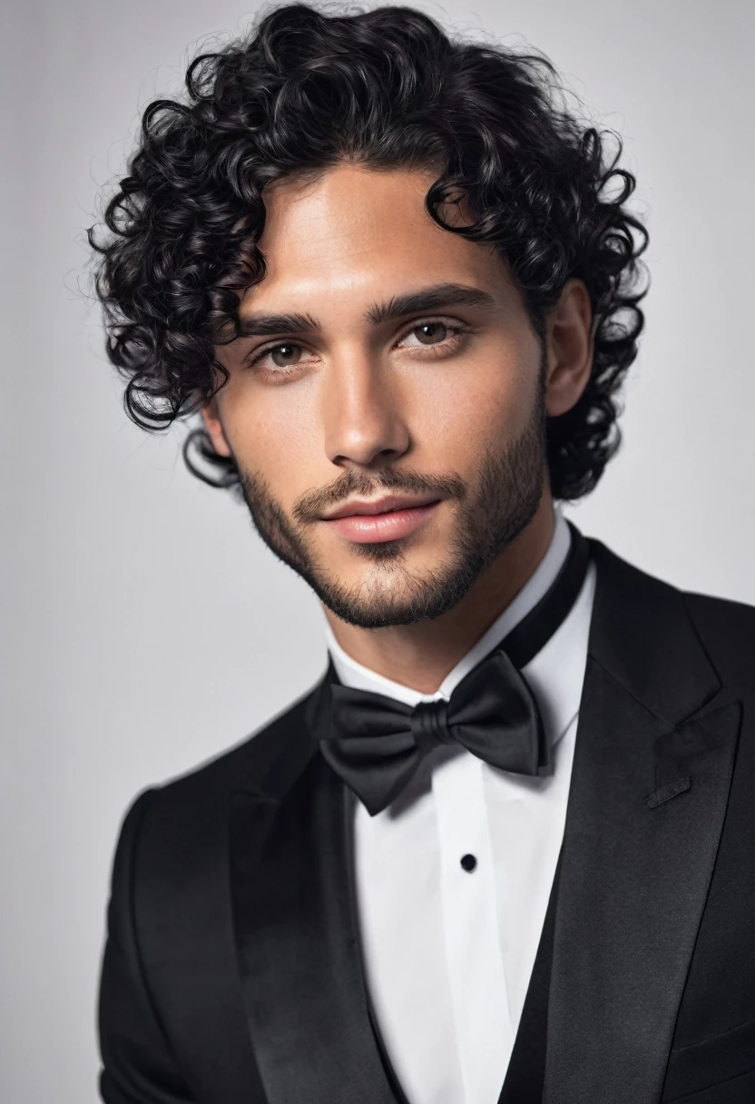 You can create an image of a young handsome man with hot fine face, clear skin, slightly short black hair, barba, black gala dress, junto de una chica de clear skin, black curly hair, with a white mecon, dressed in white gala