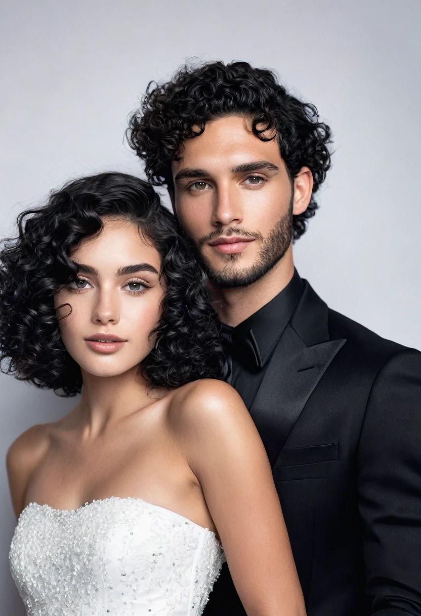 You can create an image of a young handsome man with hot fine face, clear skin, slightly short black hair, barba, black gala dress, junto de una chica de clear skin, black curly hair, with a white mecon, dressed in white gala