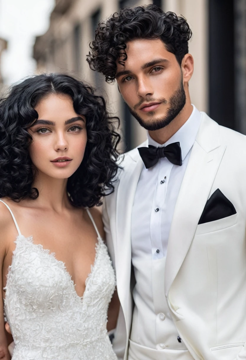 You can create an image of a young handsome man with hot fine face, clear skin, slightly short black hair, barba, black gala dress, junto de una chica de clear skin, black curly hair, with a white mecon, dressed in white gala