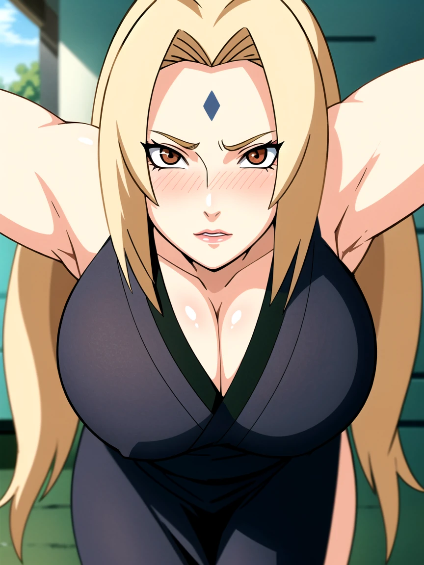 portrait, solo focus, solo, close-up, looking at viewer, (parted lips:1.2), (sunlight, bright, sunshine:1.2),((tsunade)), 1 girl,1 boy ,((tsunade milf physique)),(mark on forehead ), long hair, blonde hair, eyes,hairclip, eyes, smile, from front,(posing her body in office),huge breast huge pelvis thick thighs,((clear details High definition body parts perfect body parts )),(((blush lush blush nose blush blush face ))),(sad expression),((1 girl)),(solo), (wearing black tight maxi dress),((front view)),((long distance between viewer)),((standing))