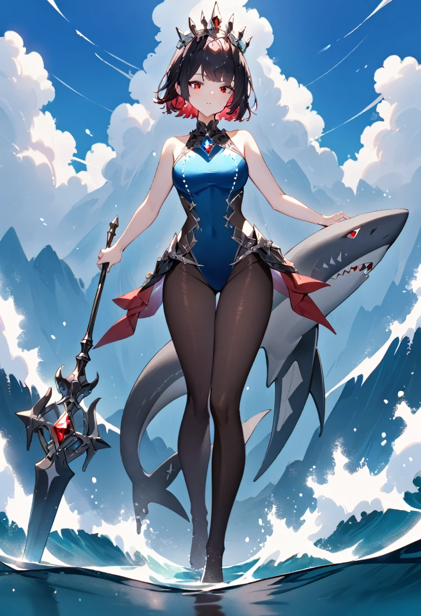 A queen standing on water，blue sea, blue sky，short hair，Red eyes，Full figure，chest，Black pantyhose，Jewel swimsuit，Black shark tail，Holding a scepter