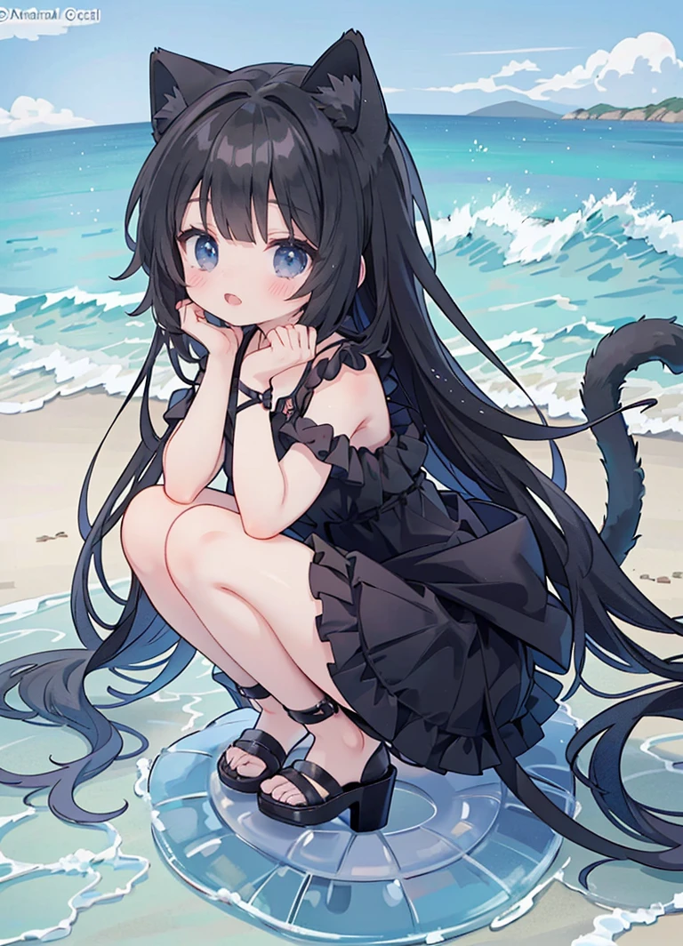 Anime girl wearing black swimsuit on the beach, (Perfect hands)very beautiful anime cat girl, , beautiful anime cat girl, at the beach, cute anime cat girl, Sitting beautiful anime girl wariza, At the beach, seductive anime girl, on the beach, anime cat girl, Anime cute art style, Anime girl sitting,Wearing black strappy high heels