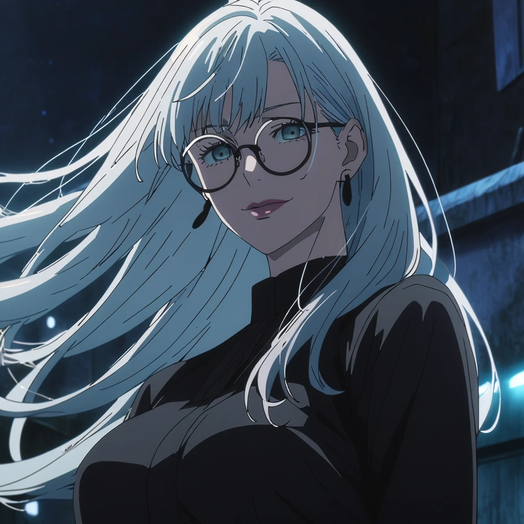 1girl, female gojo satoru, anime screencap from jujutsu kaisen, gojo satoru female version, solo, long_hair, ((wearing round glasses)) ((high resolution)) ((white_hair, floating hair)), night view, (hanging )  upper_body, smile, lips, (long hair, side bangs) ((wearing black color modern outfit, neck coker)) breast, detailed and high resolution" (wearing round glasses) ((solo)) (((front view))) (earings) ((high resolution)) ((good quality)) ((silky hair)) 