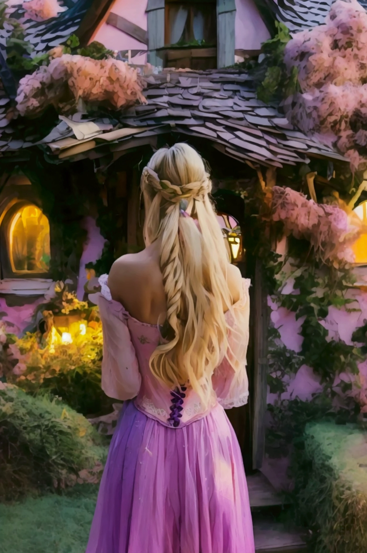 rapunzel, Her summer dress is beautiful、She is standing in front of the cottage,Pink and purple clothes,Hair is golden and longer