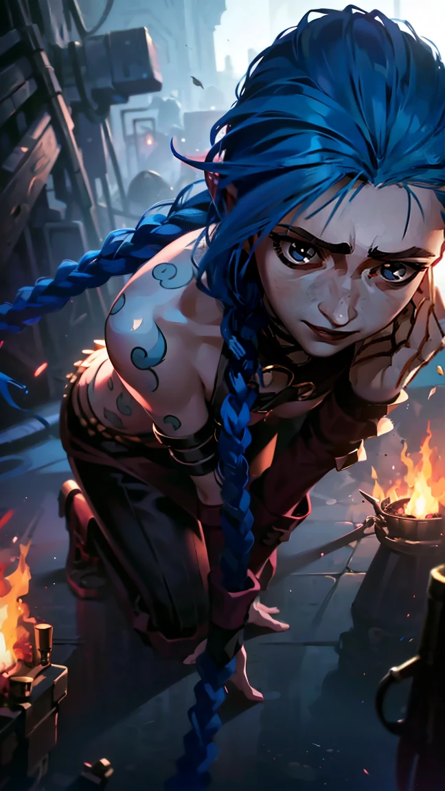 (masterpiece, Best quality), 1 girl, portrait, very sexy, crazy look, smile, crying, pink tears, tears on the cheeks, tears from eyes, full length (full body 1.1.), очень feminine, fighting stance, battle, fire, explosions, burning city, Beautiful waist, gloomy composition, flame, fire, Flash, very beautiful, feminine, long hair, hair braided in long braids, very sexy, tight leather pants, emphasis on the eyes, emphasis on the face, Beautiful face, hands, hair, haired ponytail, red purple eyes, Джинкс crying, Blue cloud tattoo, (masterpiece, Best quality), Side lighting, beautiful detailed eyes, crazy face), (Best quality), (masterpiece), magic photography, Spectacular lighting, photorealism, ultra detailed, интимная portraitная композиция, 1. 4,8 K UHD, aesthetic, Cd., a high resolution, 8 K, Better lighting, Best shade, Ultra-HD, a high resolution, Sharp Focus, Complex background, cinematic lighting, ((Landscape view)), 4K block, (Better lighting), ((cinematic lighting)),