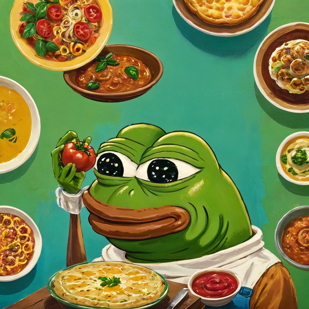 A mischievous Pepe the Frog making gourmet food, detailed digital illustration, highly detailed, 8k, cinematic lighting, vibrant colors, hyper-realistic, photorealistic, masterpiece, extremely detailed, professional, studio lighting, sharp focus, physically-based rendering, vivid colors, cinematic, concept art, digital painting, food memes, character design, cute, funny, humorous, pop art, surreal