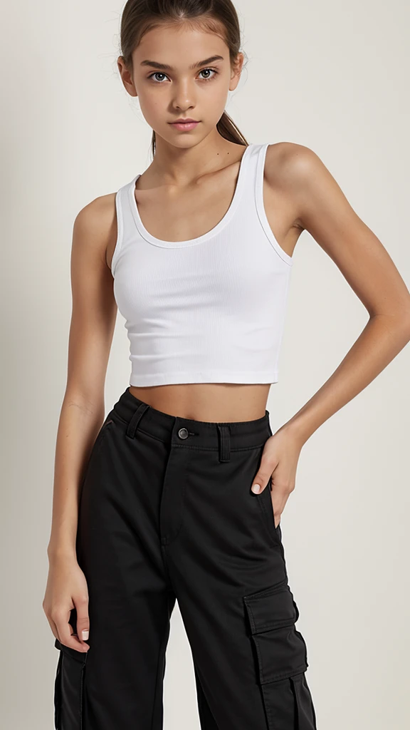 Slim, , NSFW, tight white cropped tanktop, loose black baggy cargo pants,