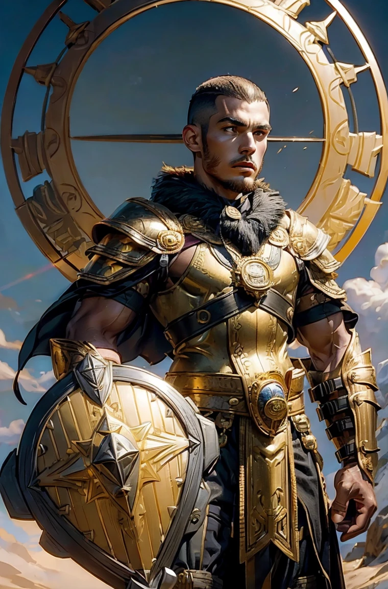 a man Holding a trangular kite shield with a painted emblem of a sword with a golden sunburns on the shield a Man with a Short military buzz cut hair. A man with Dark-hair, muscular, with a fierce severe serious expression on his face, a five-o-clock shadow of a beard on his face. He's a soldier in red gold and silver armor with a kite shield with an emblem of a sword with a sunburst behind it on a red background. With a golden lion pauldron on one shoulder