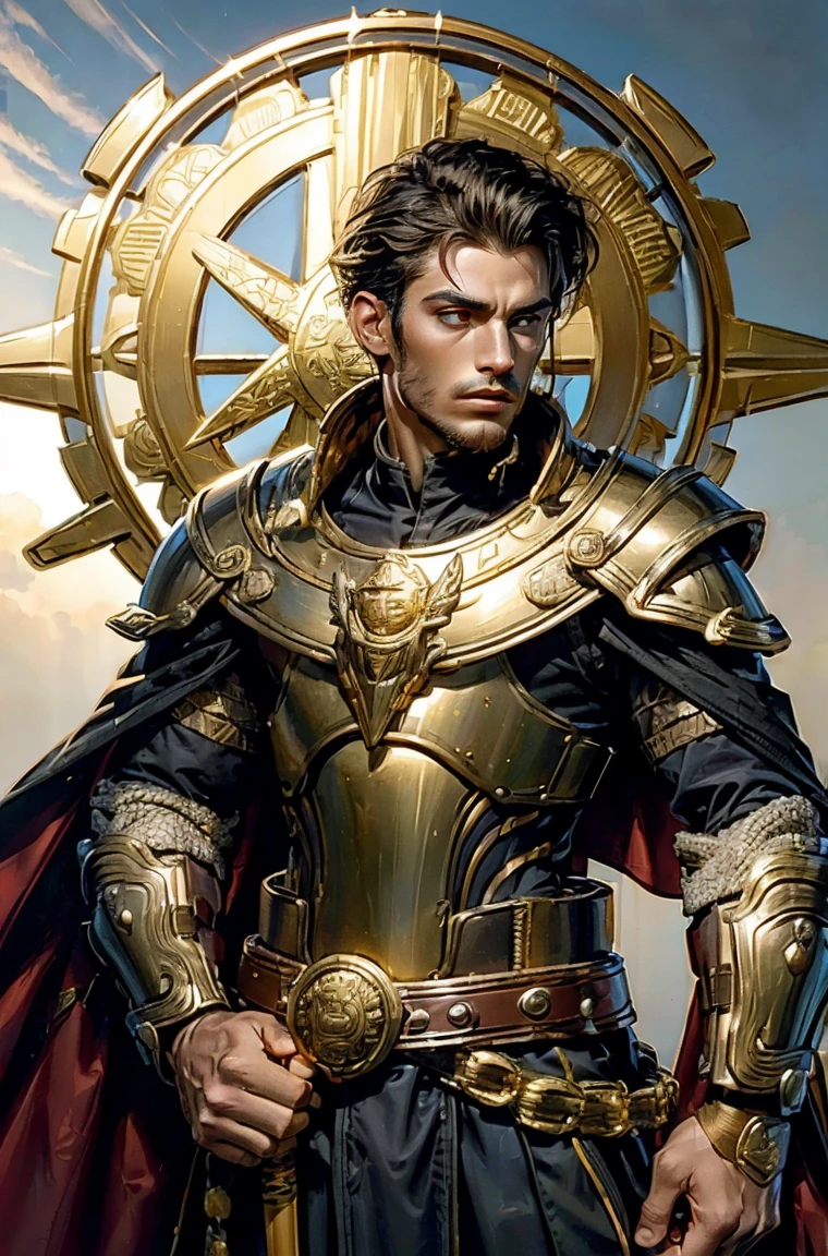 40-year-old Vetren Kiteshield a man Holding a triangular-kite-shield with a painted emblem of a sword with a golden sunburns on the shield a Man with a Short military buzz cut hair. A man with Dark-hair, muscular, with a fierce severe serious expression on his face, a five-o-clock shadow of a beard on his face. He's a soldier in red gold and silver armor with a kite shield with an emblem of a sword with a sunburst behind it on a red background. With a golden lion pauldron on one shoulder