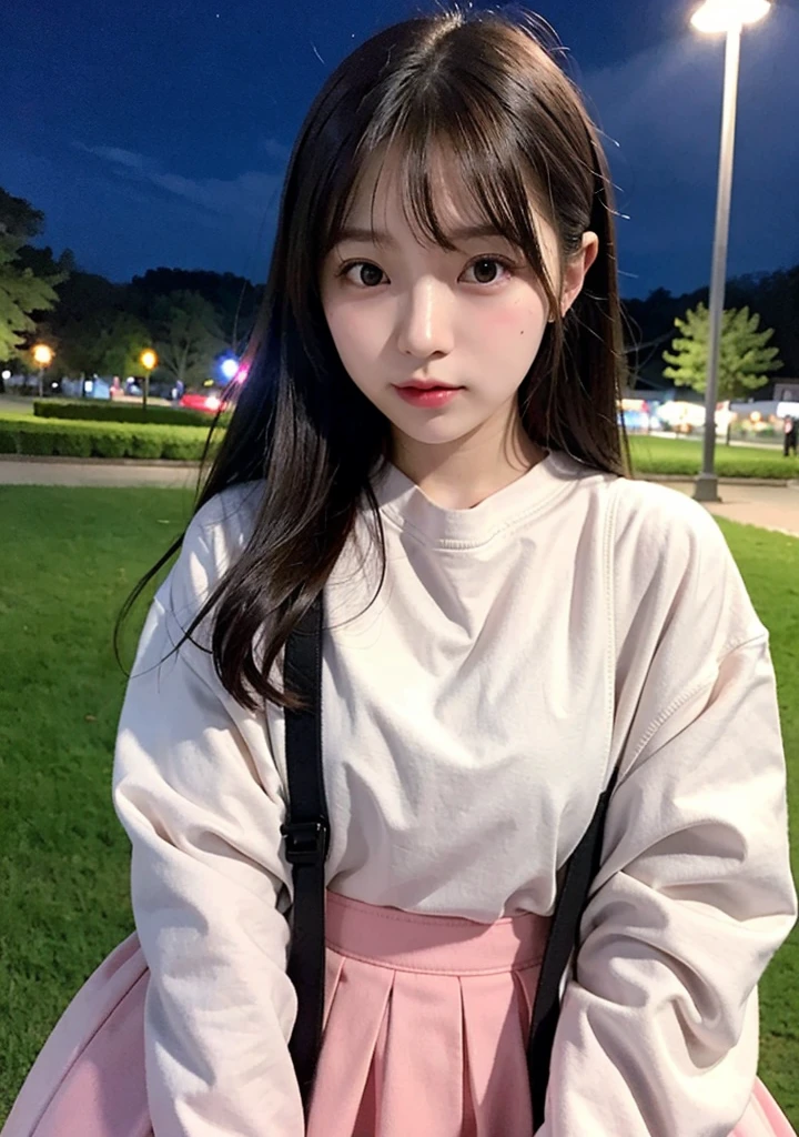 (masterpiece), best quality, expressive eyes, perfect face Japanese
girl korean wearing white long sleeve wearing pink pmibi skirt wearing black headset
Hold the baby 
Place in the park at night 