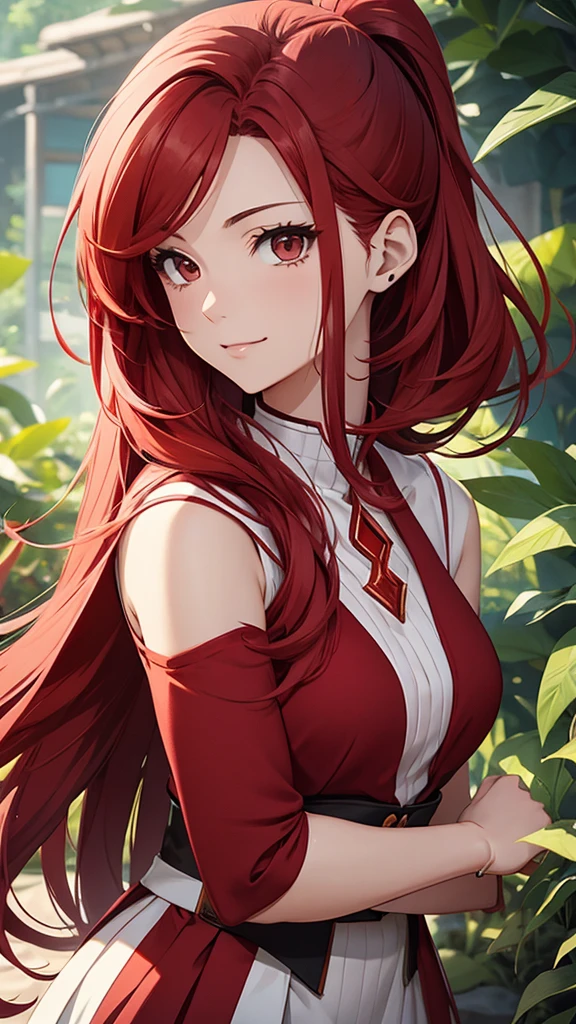 Gal、Upper Body、Delighted、Red hair、Around 25 years old、Anime style illustrations、In nature