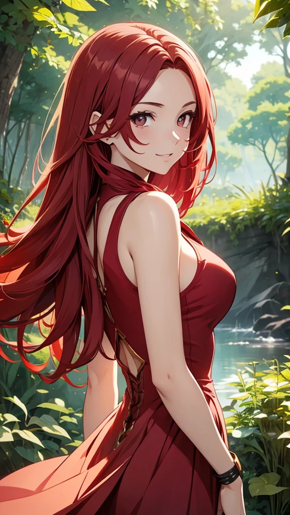 Gal、Upper Body、Delighted、Red hair、Around 25 years old、Anime style illustrations、In nature