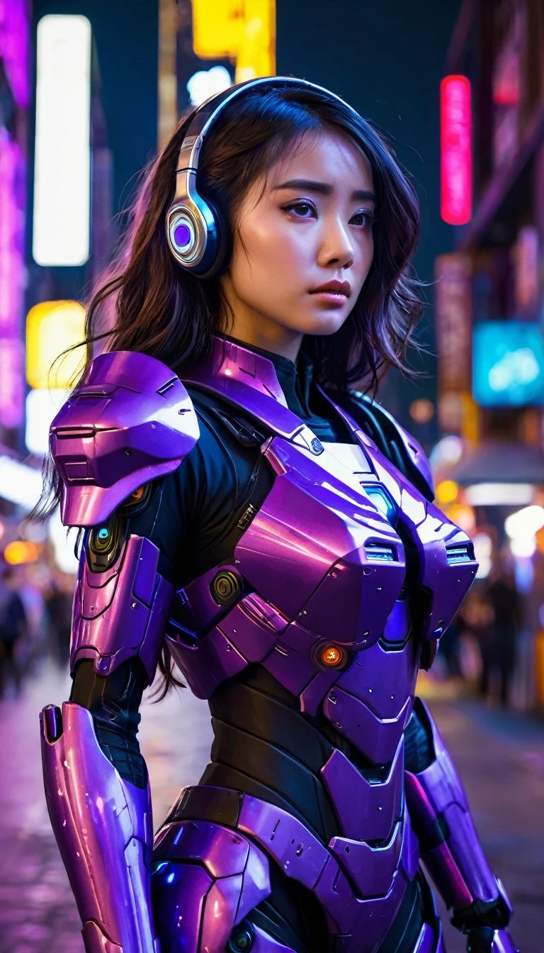 Create a captivating 3/4 quarter view, medium shot angle of a mecha girl standing amidst the vibrant night streets of a cyberpunk city. She wears an intricate, shiny purple mecha armor suit, complete with a communication headset. Her long, wavy dark hair cascades down her back as she gazes into the distance with a sorrowful expression, her eyes welling up with tears that flow down her cheek. Capture the essence of this melancholic moment in a city that never sleeps, where technology and humanity coexist in a world of contrasts.