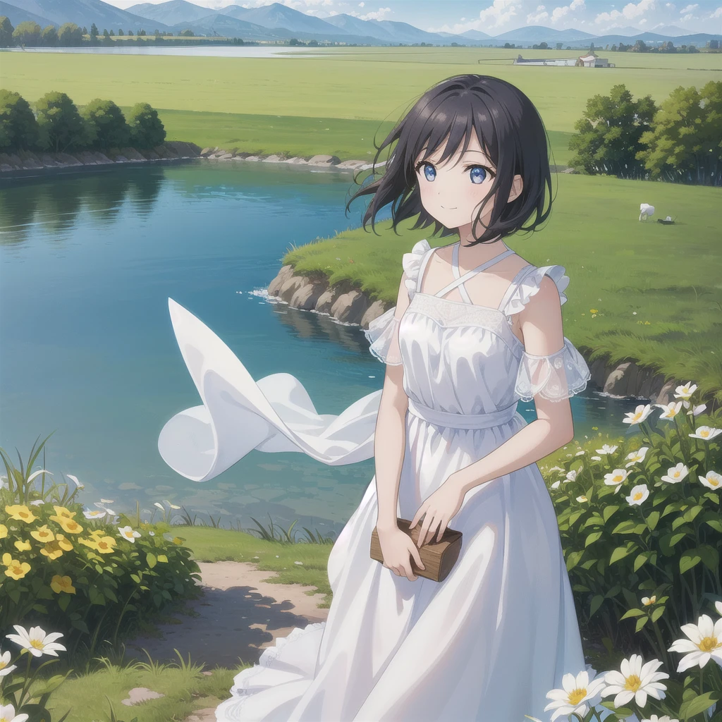 (masterpiece, Highest quality:1.2), One girl, alone, scenery, figure, View your viewers, Outdoor, Depth of field, Light on the face, Portraiture,
sunlight, null, smile, Are standing, Glowing Eyes, Lens flare, countryside, country, Short Hair, Floating Hair, flower, wood, lake, hills, cloud, White Dress,