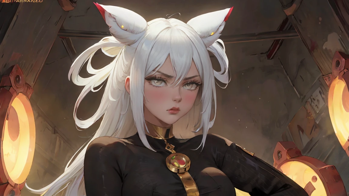 1 girl,  White hair, yellow eyes,   portrait, realistic, towel, (hit), Side lighting, wallpaper, NFV, full length (full body 1.1.), White hair, yellow eyes,  (animal ears|red horn:0.85),Navel,(masterpiece,Best quality:1.5),fiction, Raw photo, best photo, best photo quality, 8K quality, 8k ultra, bright skin, (bright eyes), detailed eyes, beautiful hair