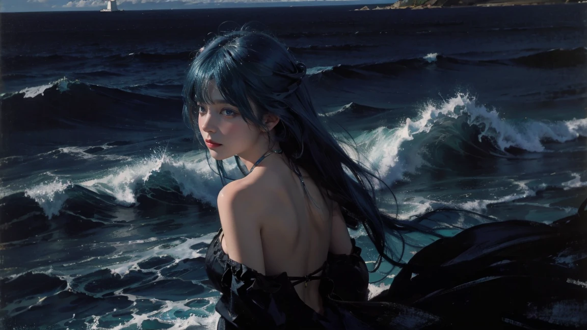 night,Oil painting style,The back of a girl,Blue Hair,ocean,dark,lighthouse