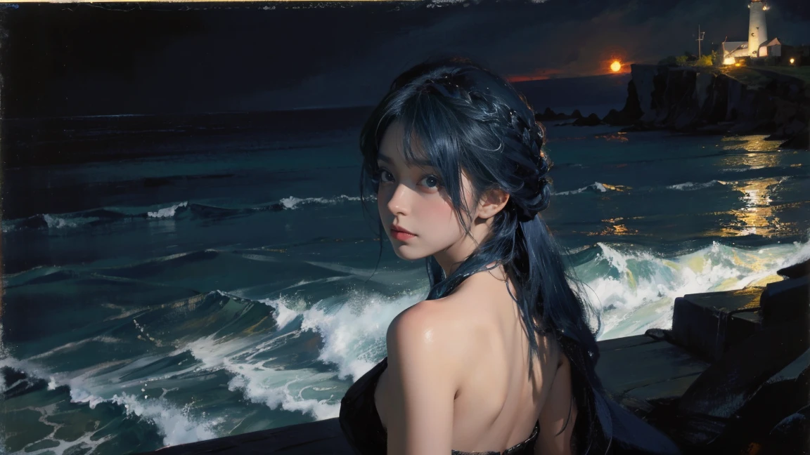 night，Oil painting style，The back of a girl，Blue Hair，ocean，dark，lighthouse
