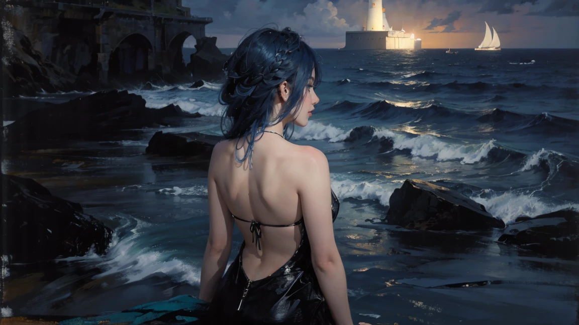 night，Oil painting style，The back of a girl，Blue Hair，ocean，dark，lighthouse