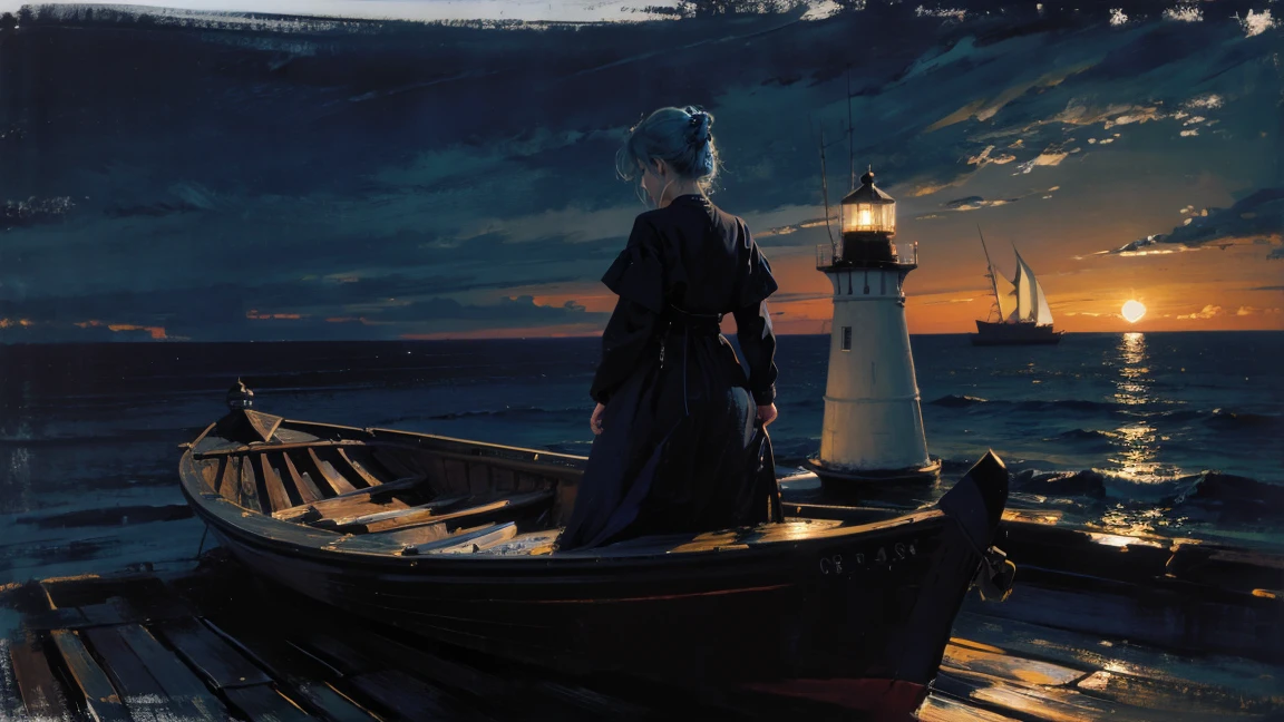 night,Oil painting style,The back of a girl,Blue Hair,ocean,dark,Boat,lighthouse