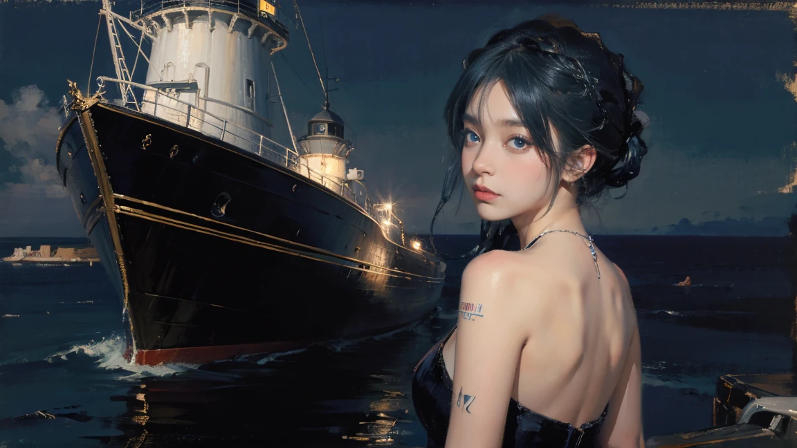 night，Oil painting style，The back of a girl，Blue Hair，ocean，dark，Boat，lighthouse