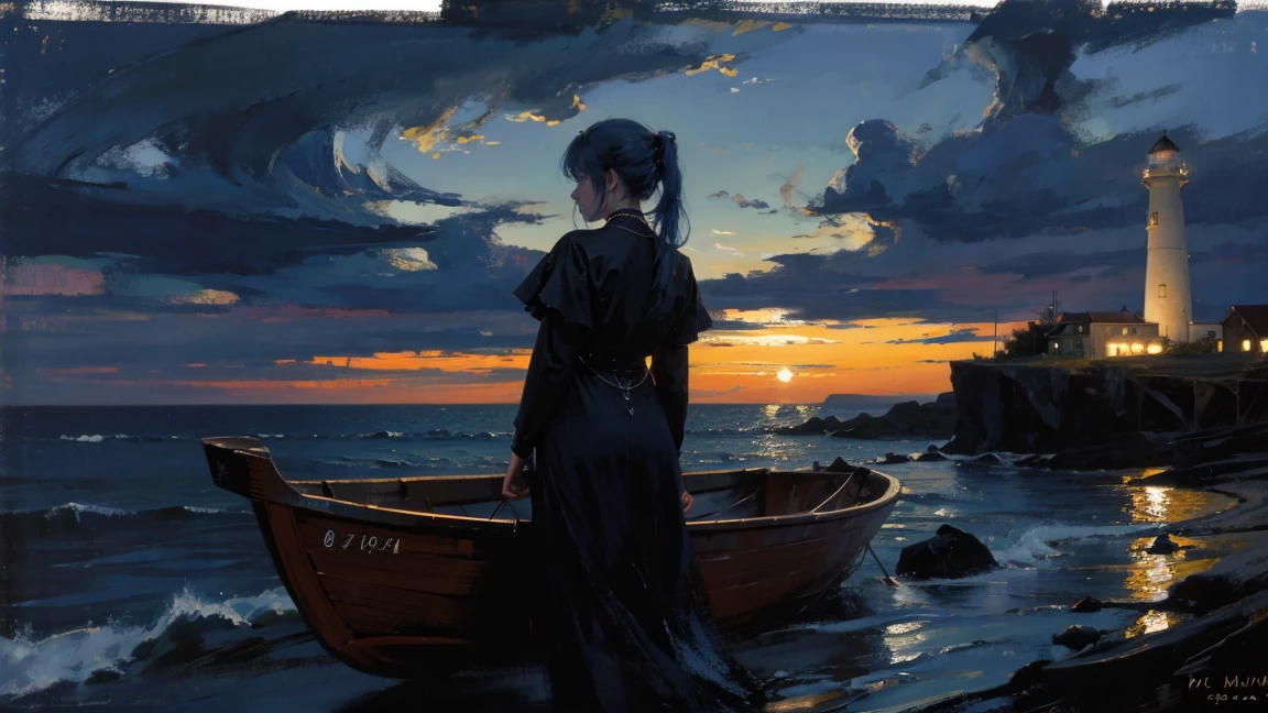 night,Oil painting style,The back of a girl,Blue Hair,ocean,dark,Boat,lighthouse