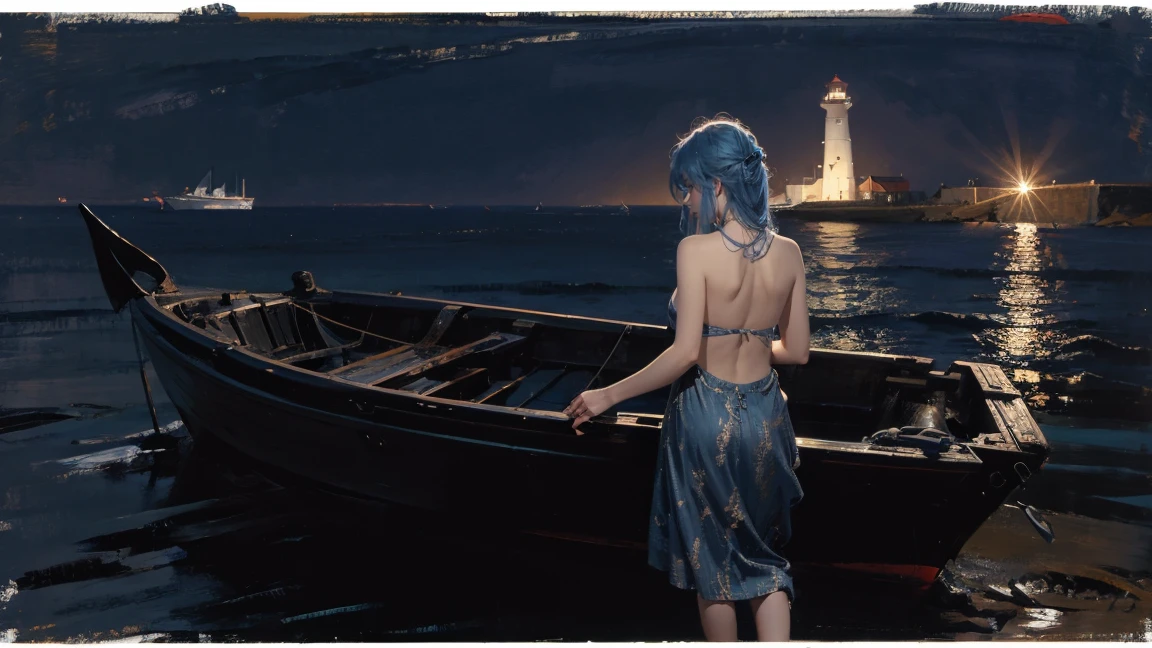 night，Oil painting style，The back of a girl，Blue Hair，ocean，dark，Boat，lighthouse