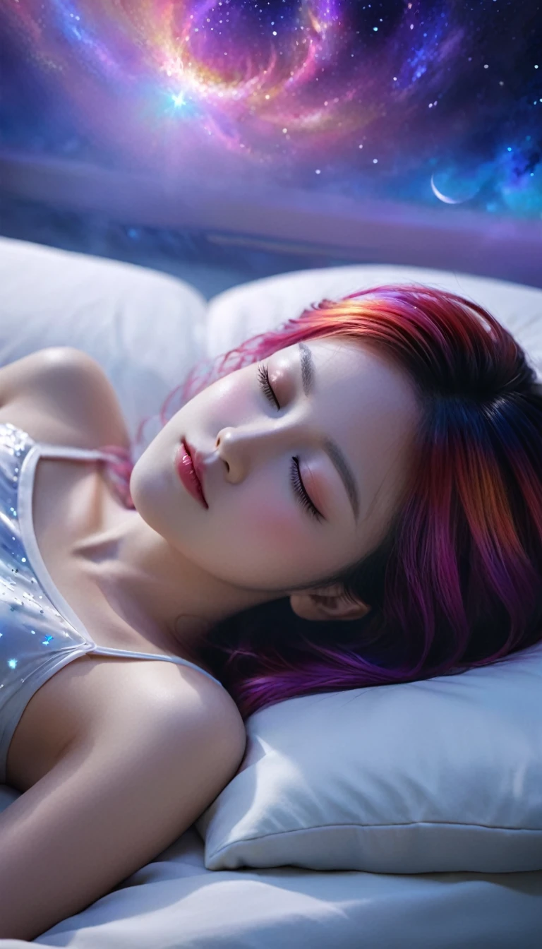 (Highest quality,8k,Very detailed:1.2),(CG,CG Art,3D Rendering),(masterpiece:1.2),Sexy Costumes,(Light,Futuristic),(Woman lying on her back in bed with her eyes closed,sleep,close your eyes),(There is a small window behind her,The night view can be seen from the window、quiet night),(Colorful Hair:1.5)(Peaceful Dreams,夜のTranquility,Tranquility,peaceful sleep),(Highest quality,Very detailedな,Realistic),(Painting),(Shining Star,Gentle moonlight),(Soft pillow,Comfortable bed,Dreamy atmosphere),(Tranquility,Luxurious sleep),(Peaceful and serene),(Subtle colors,Dark and warm tones),(Good soft and diffused lighting
