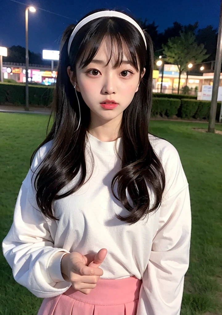 (masterpiece), best quality, expressive eyes, perfect face Japanese
girl korean wearing white long sleeve wearing pink pmibi skirt wearing black headset
Hold the baby 
Place in the park at night 