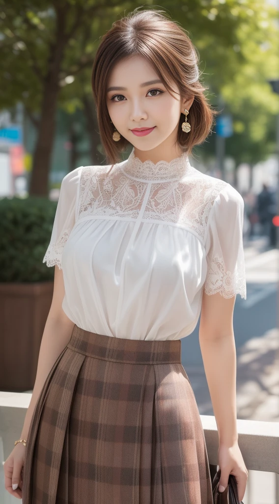 8k, masterpiece, RAW photos, best quality, realistic, extremely detailed CG unity 8k wallpaper, depth of field, Cinematic Light, lens flare, ray tracing, (very beautiful face, beautiful lips, beautiful eyes), A face with intricate details, ((highly detailed skin)) 1 woman, in the dark, deep shadows, pretty asian girl, Idol, 1 girl, (very slim slender fit-muscled body:1.3), ((looking at viewer)),(big smile:1.3), ((Lace blouse)), (short sleeve) , (daylight big building, tree, (blurred background) cityscape, rooftop, beautiful earrings, clear eyes, (pale skin), (big eyes), heading forward, (brown hair),((plaid skirt)), (looking at viewer:1.3), (open chest), (very slim), medium chest, thick thighs, medium hips, enlargement