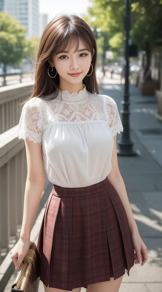8k, masterpiece, RAW photos, best quality, realistic, extremely detailed CG unity 8k wallpaper, depth of field, Cinematic Light, lens flare, ray tracing, (very beautiful face, beautiful lips, beautiful eyes), A face with intricate details, ((highly detailed skin)) 1 woman, in the dark, deep shadows, pretty asian girl, Idol, 1 girl, (very slim slender fit-muscled body:1.3), ((looking at viewer)),(big smile:1.3), ((Lace blouse)), (short sleeve) , (daylight big building, tree, (blurred background) cityscape, rooftop, beautiful earrings, clear eyes, (pale skin), (big eyes), heading forward, (brown hair),((plaid skirt)), (looking at viewer:1.3), (open chest), (very slim), medium chest, thick thighs, medium hips, enlargement