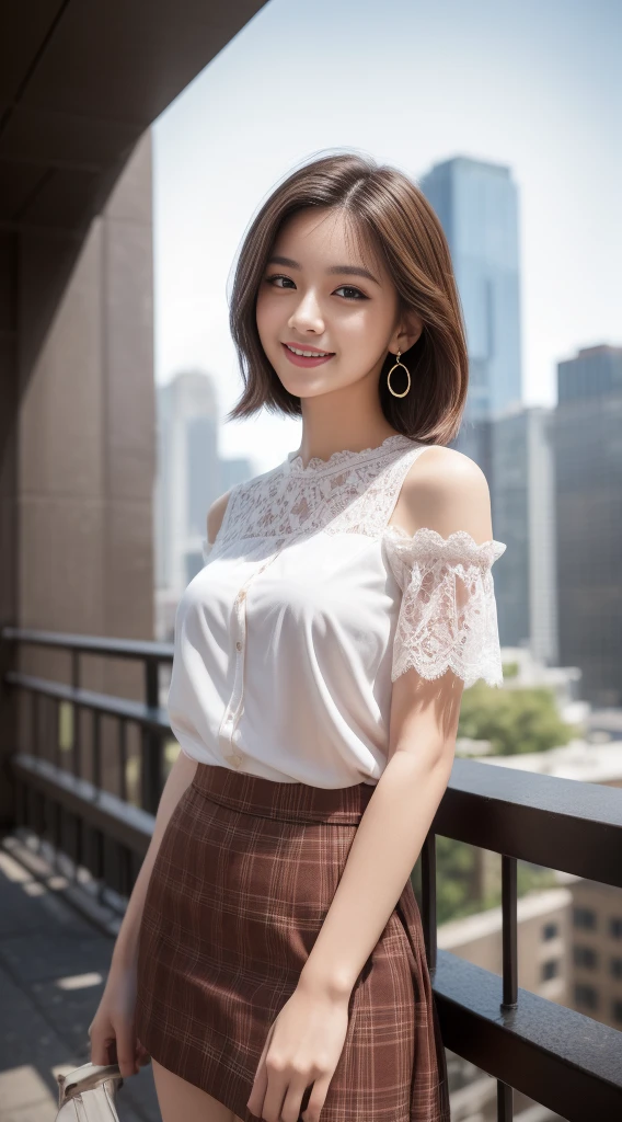 8k, masterpiece, RAW photos, best quality, realistic, extremely detailed CG unity 8k wallpaper, depth of field, Cinematic Light, lens flare, ray tracing, (very beautiful face, beautiful lips, beautiful eyes), A face with intricate details, ((highly detailed skin)) 1 woman, in the dark, deep shadows, pretty asian girl, Idol, 1 girl, (very slim slender fit-muscled body:1.3), ((looking at viewer)),(big smile:1.3), ((Lace blouse)), (short sleeve) , (daylight big building, tree, (blurred background) cityscape, rooftop, beautiful earrings, clear eyes, (pale skin), (big eyes), heading forward, (brown hair),((plaid skirt)), (looking at viewer:1.3), (open chest), (very slim), medium chest, thick thighs, medium hips, enlargement