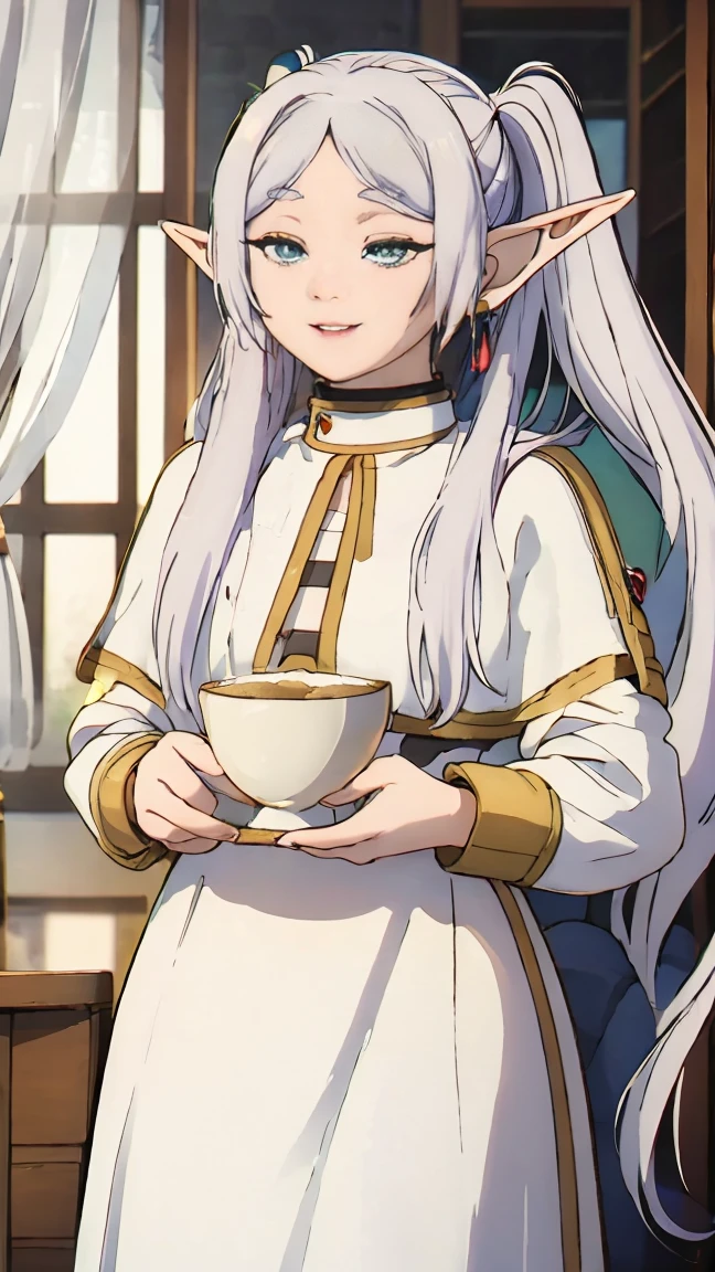 (Best quality, masterpiece),sexy,  Erotic, 18+, NFV, 1 girl, 30 years, deafening, Cute, smile, hourglass figure, maid costume, Beautiful food, , long white hair, two ponytails,blue detailed sparkling eyes, elf ears