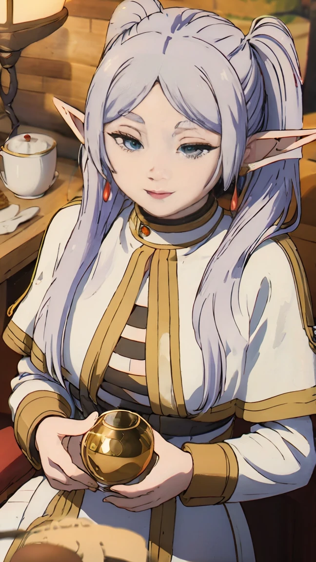 (Best quality, masterpiece),sexy,  Erotic, 18+, NFV, 1 girl, 30 years, deafening, Cute, smile, hourglass figure, maid costume, Beautiful food, , long white hair, two ponytails,blue detailed sparkling eyes, elf ears