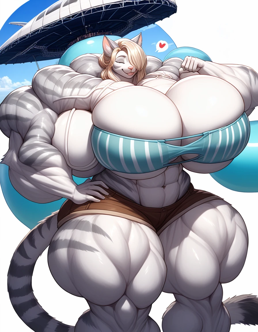 Solo, score_9,score_8_up,score_7_up, source_cartoon, source_furry, Kat, Anthro furry feline girl, tall body, hourglass figure, adult female, closed eyes, :3, snout, pink nose, silver furry body, grey tabby cat stripes, long blonde hair, hair covering one eye, standing up straight, big happy smile, giving you a thumbs up, other hand on hip, simple white background, wearing blue bandeau, brown short shorts, H cup sized chest, huge overfilled round breast_implant, riesiger Bergfried_inflatable_Extremely_like an airship_Breast Massive Muscle blows her huge overfilled round breast_implants like a blimp hyper muscles extrem large pumpin herself up huge overfilled round breast_implant, huge up Pumping myself up pump keep_inflating inflatable_Extremely_bigger_chest overfilled hyper_breast_implant, huge keep_inflating_Extrem_like a blimp