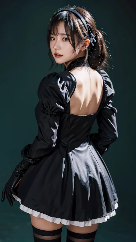 portrait,from behind,looking_back,looking_at_viewer,stare,2b,long_sleeves,gloves,dress,cleavage,black_gloves,puffy_sleeves,black_thighhighs,mole,black_dress,clothing_cutout,cleavage_cutout,black_hairband,juliet_sleeves,(mole_under_mouth:0.8),(blindfold:0.8),vambraces,(covered_eyes:0.8),(black_blindfold:0.8),