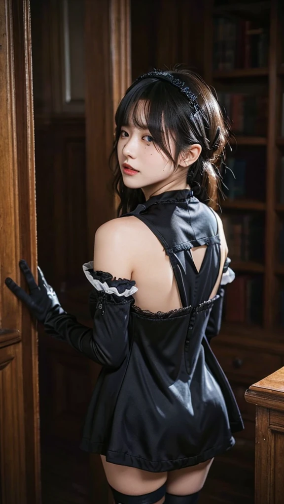 portrait,from behind,looking_back,looking_at_viewer,stare,2b,long_sleeves,gloves,dress,cleavage,black_gloves,puffy_sleeves,black_thighhighs,mole,black_dress,clothing_cutout,cleavage_cutout,black_hairband,juliet_sleeves,(mole_under_mouth:0.8),(blindfold:0.8),vambraces,(covered_eyes:0.8),(black_blindfold:0.8),