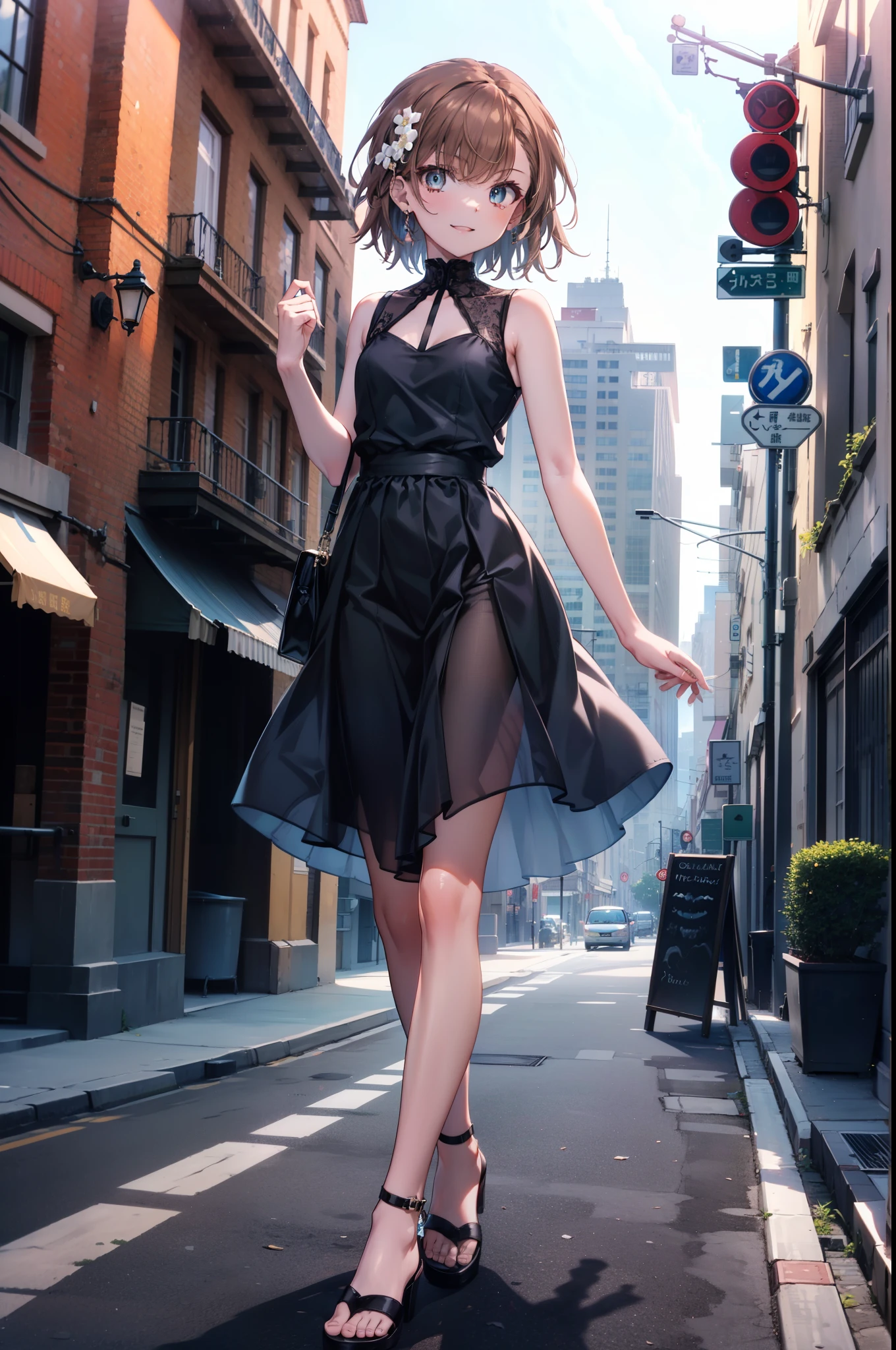 Mycotrose, Brown eyes,Brown Hair,short hair,One side up,Small breasts,Flower Hair Ornaments,happy smile, smile, Open your mouth,Sleeveless dress,Long skirt,Heeled Sandals,Walking,whole bodyがイラストに入るように, break looking at viewer, whole body, break outdoors, Coastal street with buildings, break (masterpiece:1.2), Highest quality, High resolution, unity 8k wallpaper, (shape:0.8), (Beautiful and beautiful eyes:1.6), Highly detailed face, Perfect lighting, Extremely detailed CG, (Perfect hands, Perfect Anatomy),