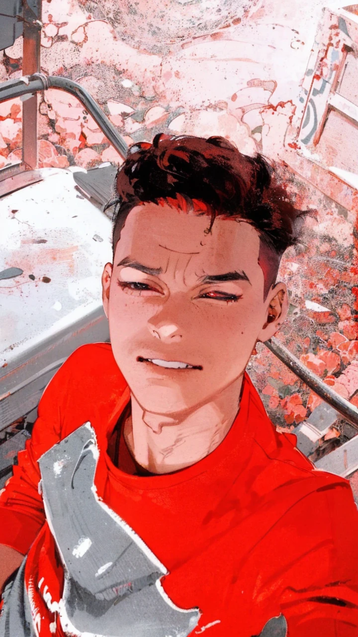 Young guy, male, dude, man, neat hair, slicked back hair, short hair, crimson hair, red hair, pale skin, black suit, black tuxedo, red tie, piercing eye, left eye closed, scar over left eye, scar on eye, eye scared, slit shaped pupils, intimdating, serious, simple background