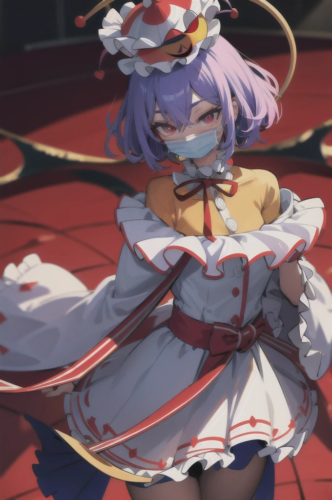 best quality, masterpiece,Horror, female, circus, clown, clown mask, clown hat, ruffled neck, ribbon, many masks, stage, frame, knife,darkness,shadow