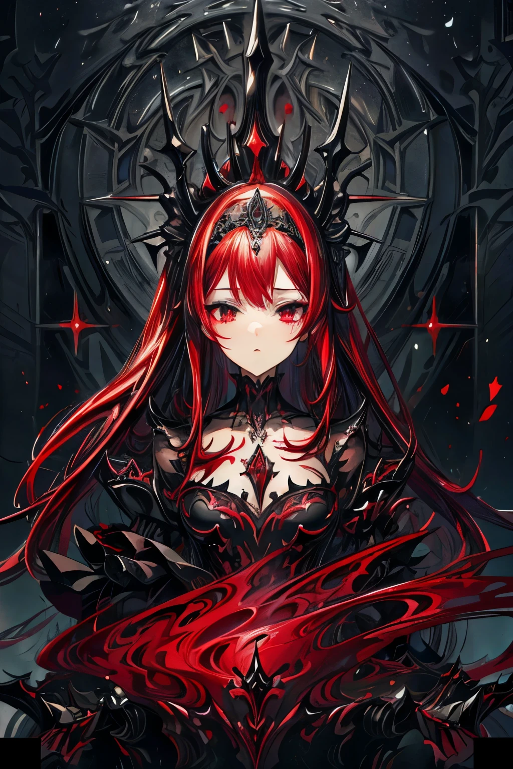 1girl, adult, masterpiece, best quality, red hair, dress, red eyes, black tiara, black webs, anime style, elegant, beautiful detailed eyes, beautiful detailed lips, extremely detailed face, flowing dress, dramatic lighting, intricate details, vibrant colors, digital painting, fantasy, blood aura