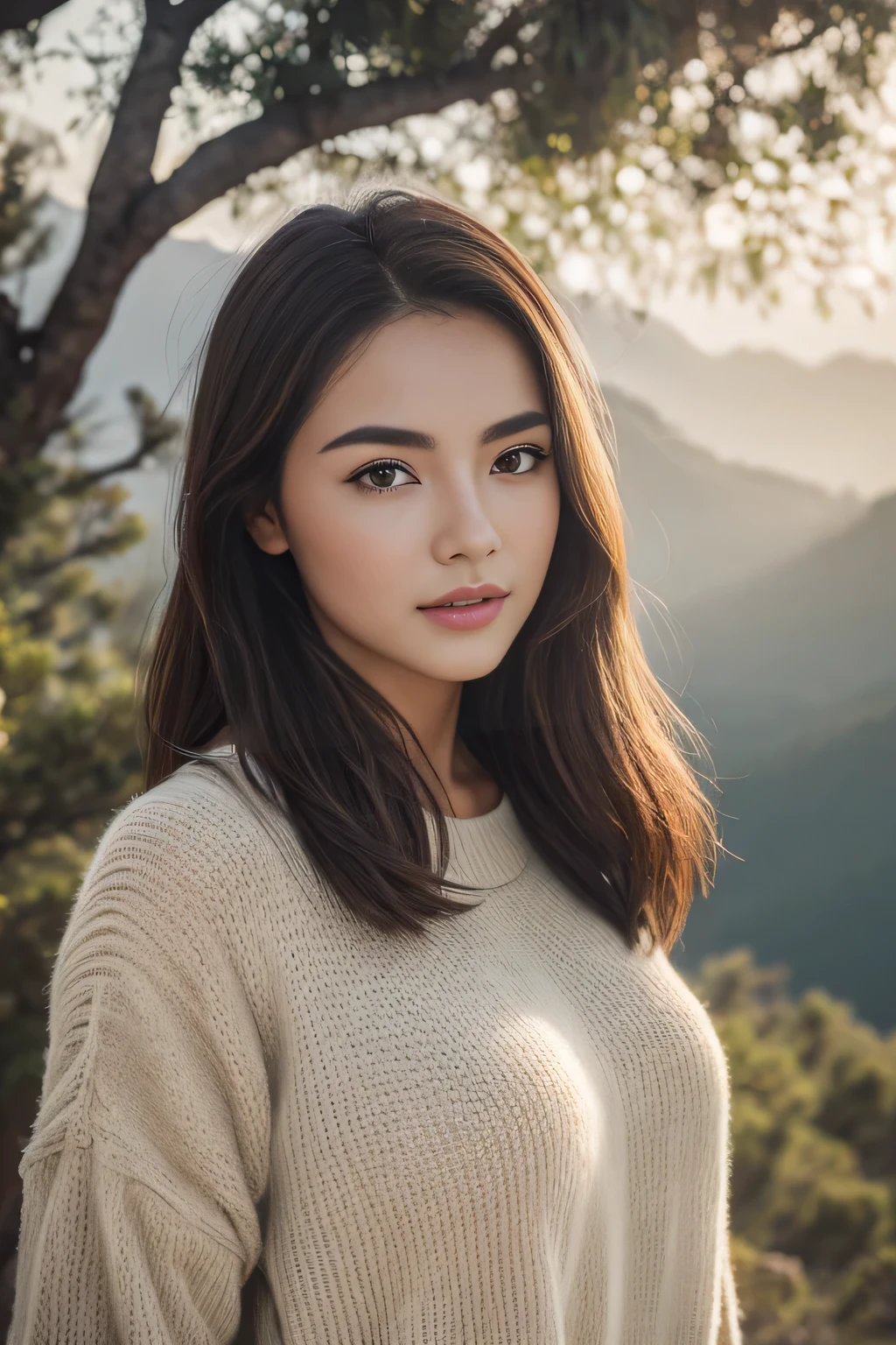 (highest quality,8k,Overwhelmingly beautiful:1.2),(beautiful、beautiful realistic woman),clothes for going to the mountains、perfect body、clear eyes、beautiful skin、gravure、Universal beauty、valley view、thick fog、Big tree:1.5、