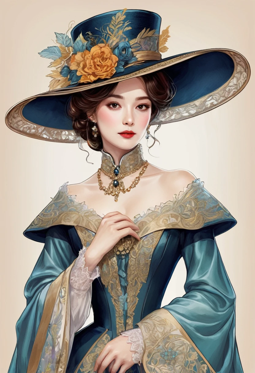 一组不同颜色的hat,Arrange separately,Victorian style,hat,cloak、shoe、Fashion Design,Clothing and fabrics,Very detailed and rich costumes,Victorian style,Clean line art and flat colors,,Retro line art,colorful