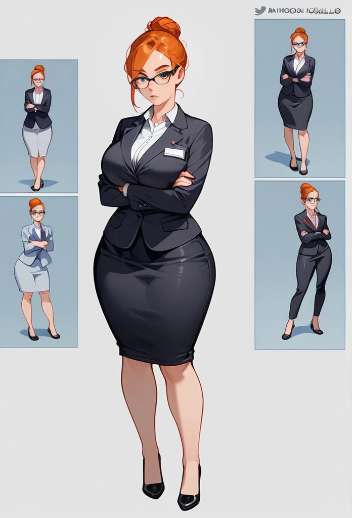authoritative pale adult woman, large breasts, very thick thighs, thick calves, massive thighs, wide hips, short ginger hair in a sleek hairbun, glasses, tight black blazer, tight black pencil skirt, mid-thigh black pencil skirt hem, thick thighs pressed together, very thick legs, thick calves, wearing black high heels, bored expression, strict teacher, facing forward, she is standing, legs and feet in the photo, crossing arms under her chest, straight face, raised eyebrow, full body shown, voluptuous, detailed face, 8k quality, professional, full body shown, staring