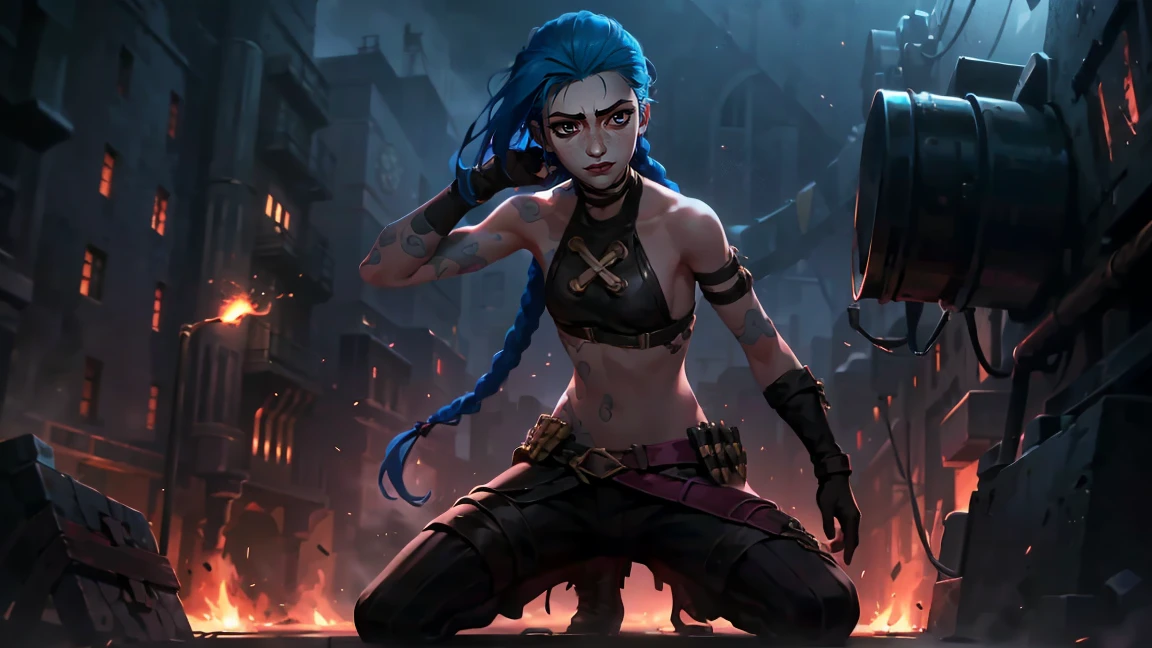 (masterpiece, Best quality), 1 girl, portrait very detailed face,, very sexy, crazy look, smile, crying, pink tears, tears on the cheeks, tears from eyes, full length (full body 1.1.), очень feminine, fighting stance, battle, fire, explosions, burning city, Beautiful waist, gloomy composition, flame, fire, Flash, very beautiful, feminine, long hair, hair braided in long braids, very sexy, tight leather pants, emphasis on the eyes, emphasis on the face, Beautiful face, hands, hair, haired ponytail, red purple eyes, Джинкс crying, Blue cloud tattoo, (masterpiece, Best quality), Side lighting, beautiful detailed eyes, crazy face), (Best quality), (masterpiece), magic photography, Spectacular lighting, photorealism, ultra detailed, intimate portrait composition, 1. 4,8 K UHD, aesthetic, Cd., a high resolution, 8 K, Better lighting, Best shade, Ultra-HD, a high resolution, Sharp Focus, Complex background, cinematic lighting, ((Landscape view)), 4K block, (Better lighting), ((cinematic lighting)),