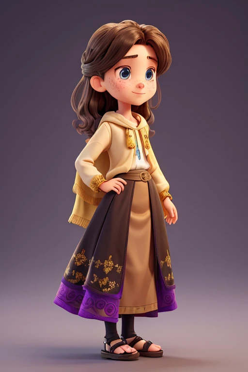 A 16-year-old girl,slim build with medium height,pale skin with freckles and a straight nose, golden brown medium wavy hair with blue eyes,she is wearing a black poncho with gold on top,a white button-down shirt with patterns of purple violets on the back,a long black silk skirt with gold and purple lines and black sandals on the bottom colors

