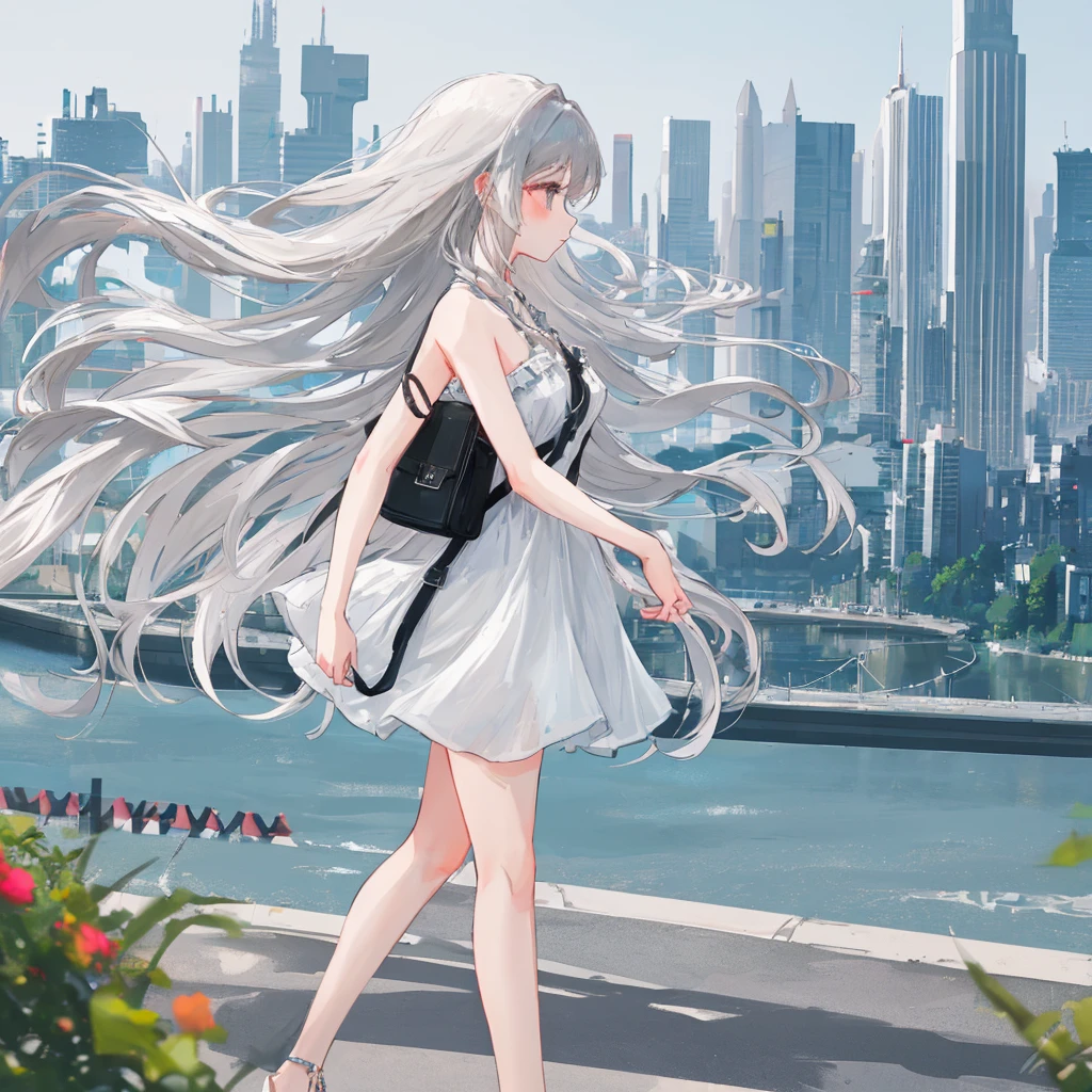 Profile of a cute and beautiful woman with long hair、Summer outfit、With a blurred cityscape in the background、High resolution 8K、Masterpiece、AI’s masterpiece、